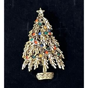 Vintage ART Signed Christmas Tree Brooch Pin Rhinestone Holiday Collectible